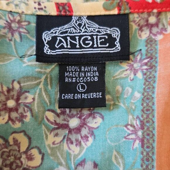 ANGIE Boho Tie Front Duster, Floral Soft Colors of  Teal, Peach and Ivory, Sz.L - Picture 5 of 6
